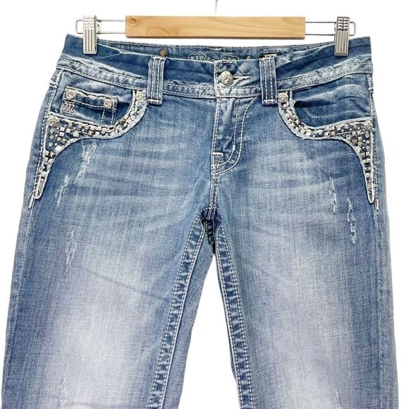 Miss Me Cropped Jeans Straight Leg Mid Light Wash Y2K Back Flap Jeans Size 27 - Picture 5 of 14